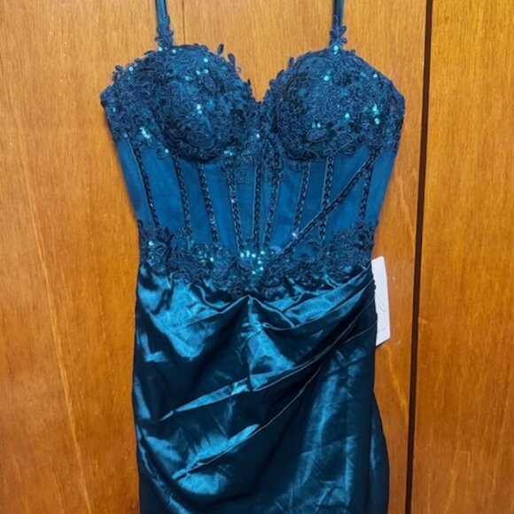 Teal satin & sequin corset top evening gown - Picture 1 of 3